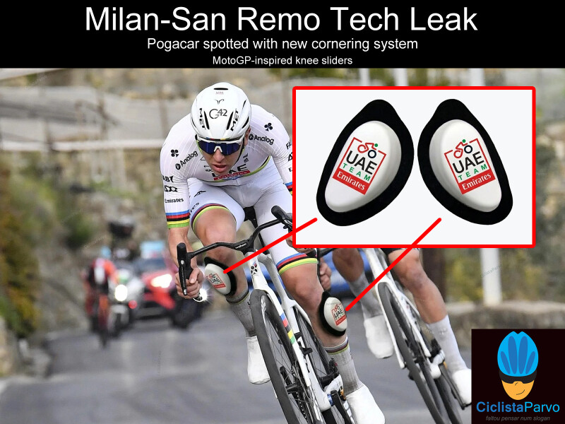 Milan-San Remo Tech Leak Pogacar spotted with new cornering system MotoGP-inspired knee sliders