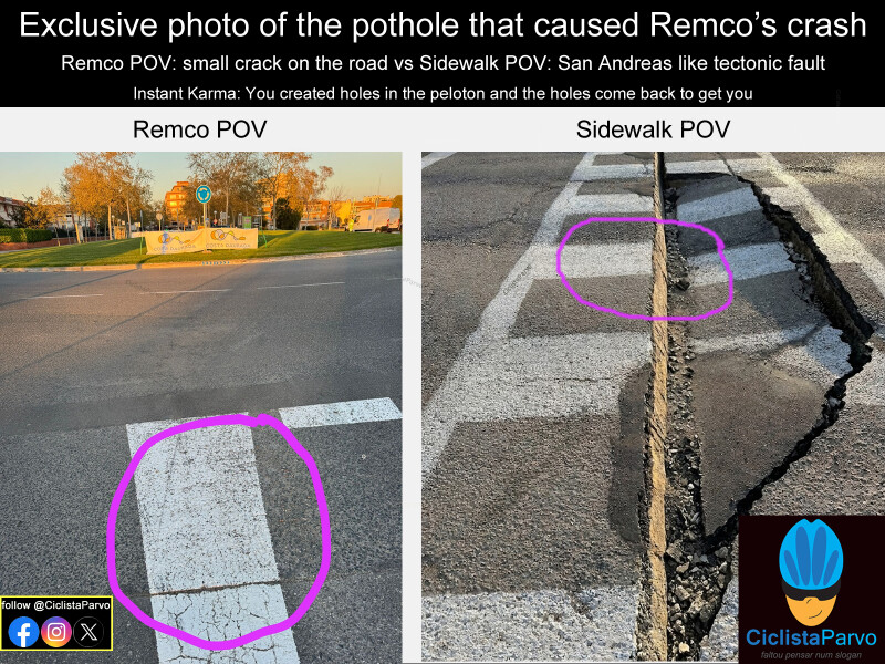 Exclusive photo of the pothole that caused Remco’s crash